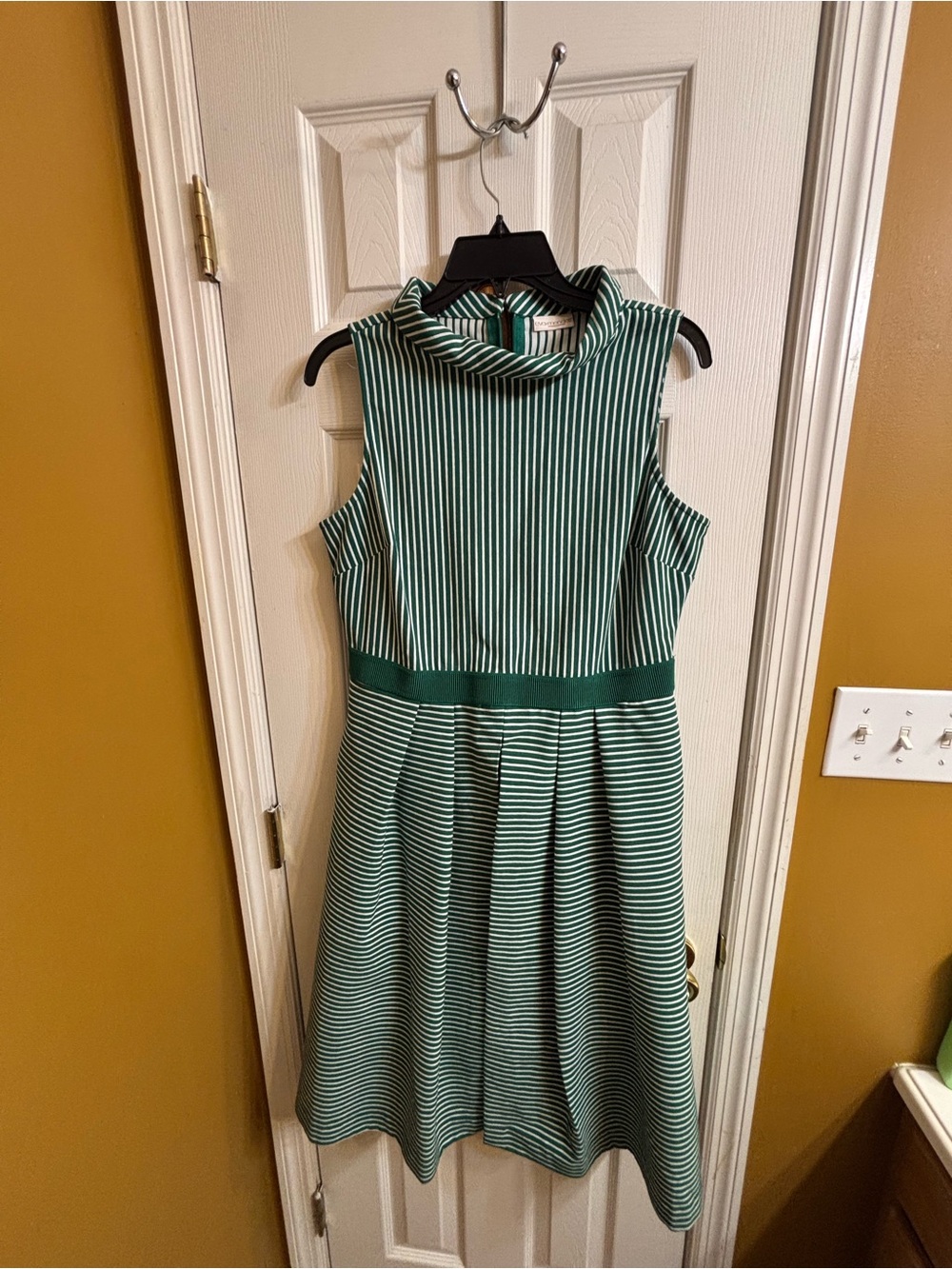 Eva Mendez for New York & Company Green and White Striped Sleeveless Midi Dress